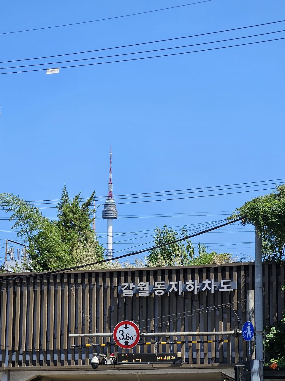 갈월동 지하차도 뒤로 보이는 남산타워. 푸른 산과 하늘에 둘러싸여 있다.